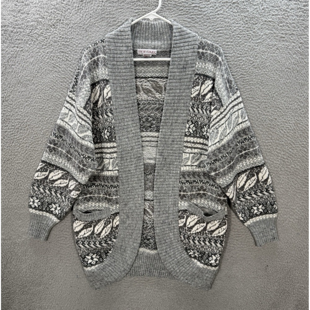 Vintage Sarah Taylor Sweater Womens Small Gray Cardigan Fair Isle Shawl Collar